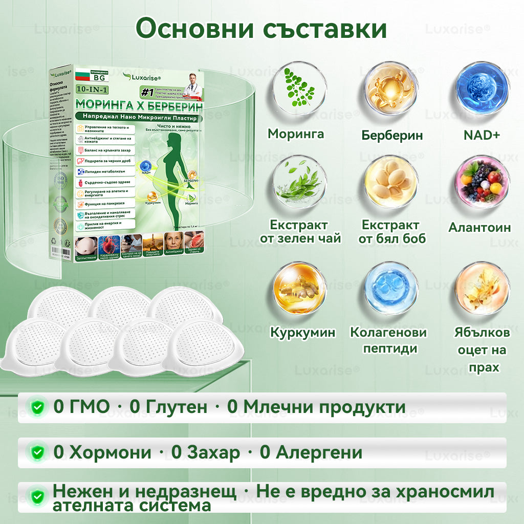 Официален магазин  | 🟡𝑳𝒖𝒙𝒂𝒓𝒊𝒔𝒆® Моринга X Берберин 10-In-1 Напреднал Нано Микроигли Пластир（Веднъж дневно, видими промени за 𝟕 дни） Наднормено тегло, диабет, сънна апнея и ставни проблеми